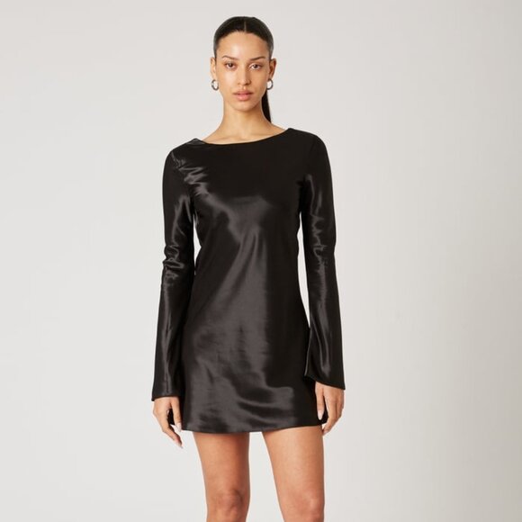 88$ NIA KIM Satin Open-Back Mini Party Dress Long Sleeves Women's Size L Black - Picture 4 of 5